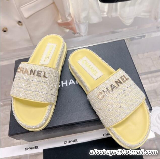 Fashion Chanel Tweed Flat Slide Sandals Yellow 0207116