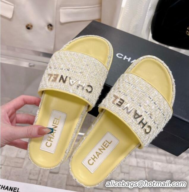 Fashion Chanel Tweed Flat Slide Sandals Yellow 0207116