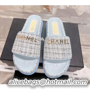 Hot Style Chanel Tweed Flat Slide Sandals Blue 0207118