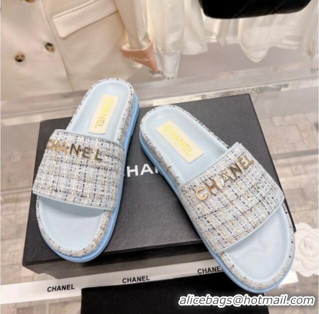 Hot Style Chanel Tweed Flat Slide Sandals Blue 0207118