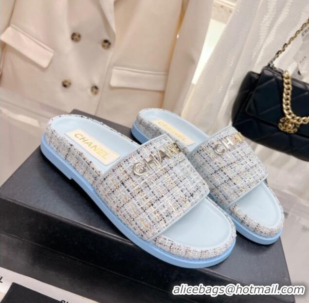 Hot Style Chanel Tweed Flat Slide Sandals Blue 0207118