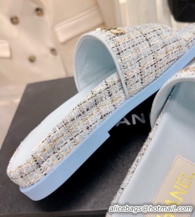 Hot Style Chanel Tweed Flat Slide Sandals Blue 0207118