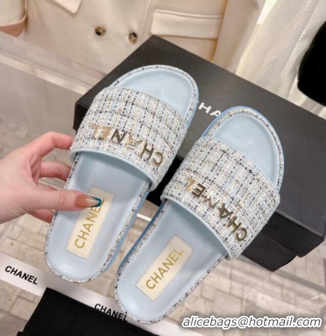 Hot Style Chanel Tweed Flat Slide Sandals Blue 0207118