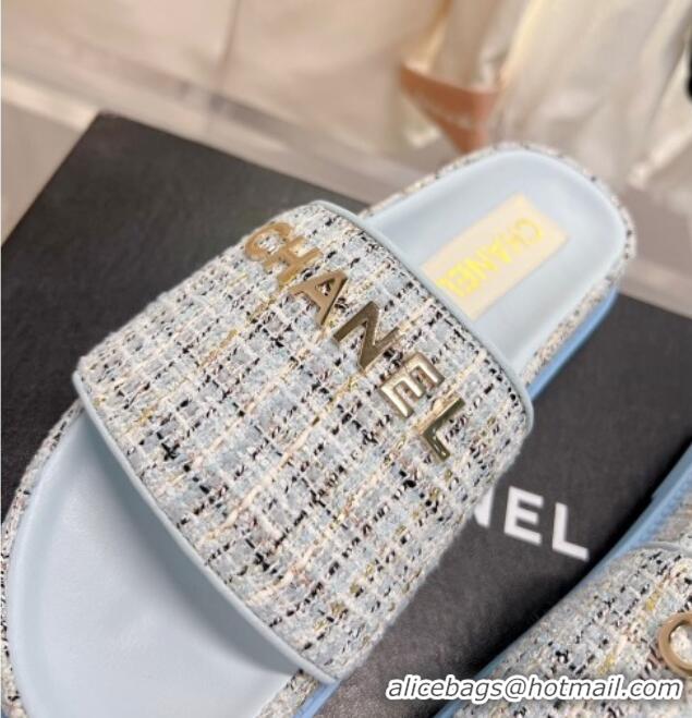 Hot Style Chanel Tweed Flat Slide Sandals Blue 0207118