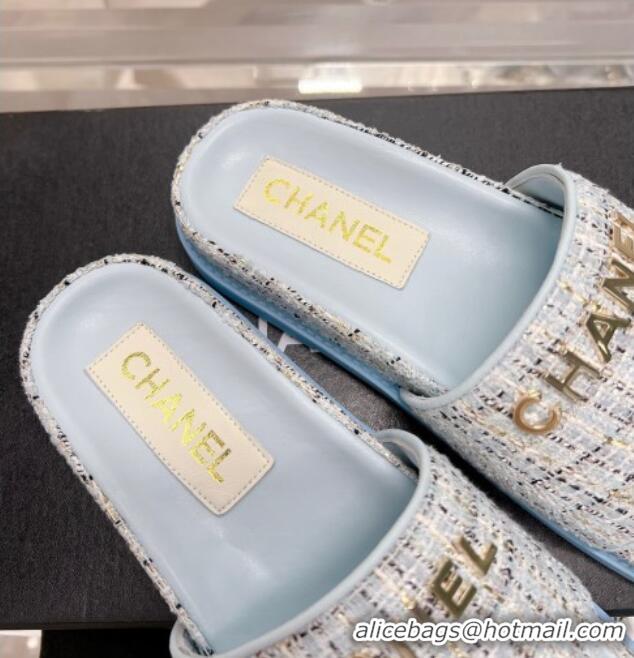 Hot Style Chanel Tweed Flat Slide Sandals Blue 0207118