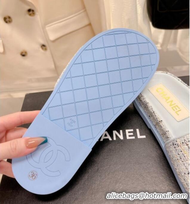 Hot Style Chanel Tweed Flat Slide Sandals Blue 0207118