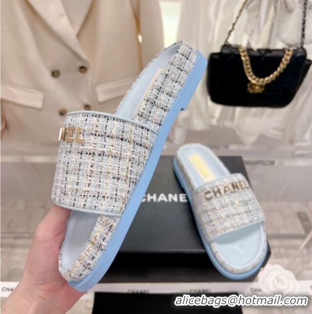 Hot Style Chanel Tweed Flat Slide Sandals Blue 0207118