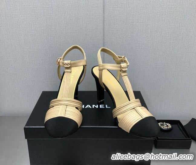 Popular Style Chanel Lambskin & Grosgrain Open Shoes/Pumps 8.5cm G39016 Beige