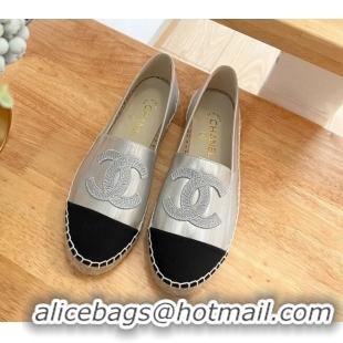 Classic Hot Chanel Iridescent Leather & Grosgrain Espadrilles Silver 022215