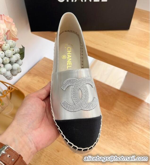 Classic Hot Chanel Iridescent Leather & Grosgrain Espadrilles Silver 022215