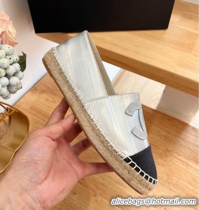 Classic Hot Chanel Iridescent Leather & Grosgrain Espadrilles Silver 022215