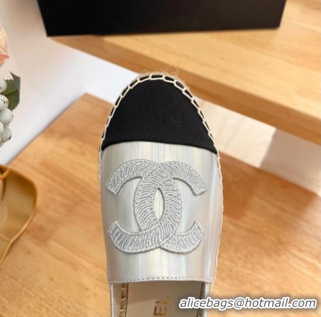 Classic Hot Chanel Iridescent Leather & Grosgrain Espadrilles Silver 022215