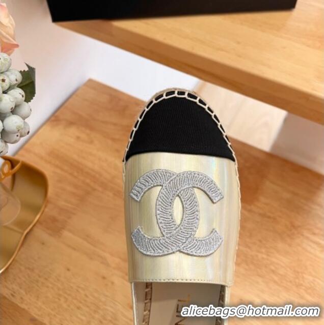 Perfect Chanel Iridescent Leather & Grosgrain Espadrilles Gold 022216