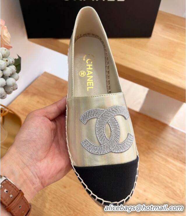 Perfect Chanel Iridescent Leather & Grosgrain Espadrilles Gold 022216