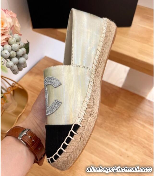 Perfect Chanel Iridescent Leather & Grosgrain Espadrilles Gold 022216