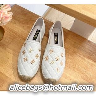 Good Quality Chanel Quilted Leather Espadrilles with Metal Letters White 022219