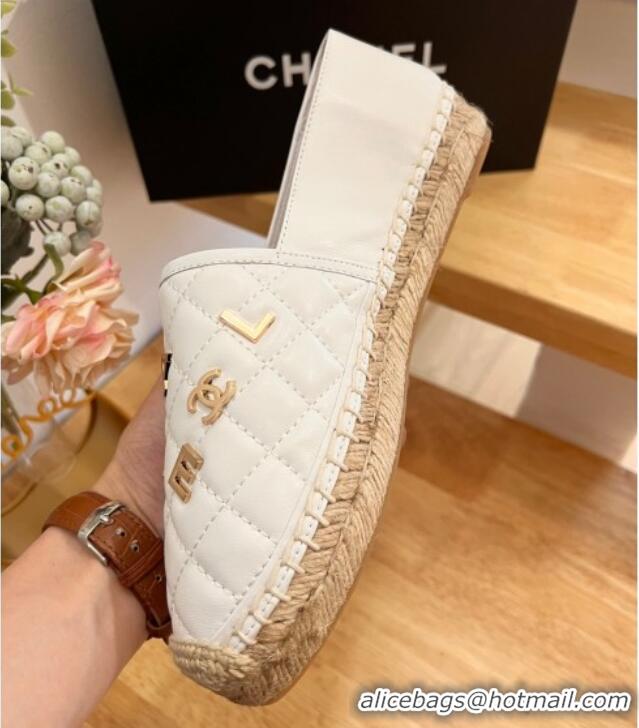 Good Quality Chanel Quilted Leather Espadrilles with Metal Letters White 022219