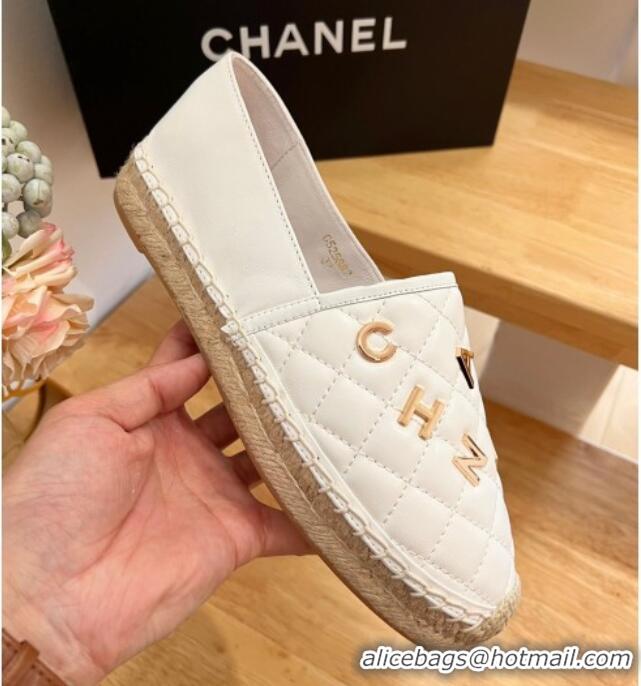 Good Quality Chanel Quilted Leather Espadrilles with Metal Letters White 022219