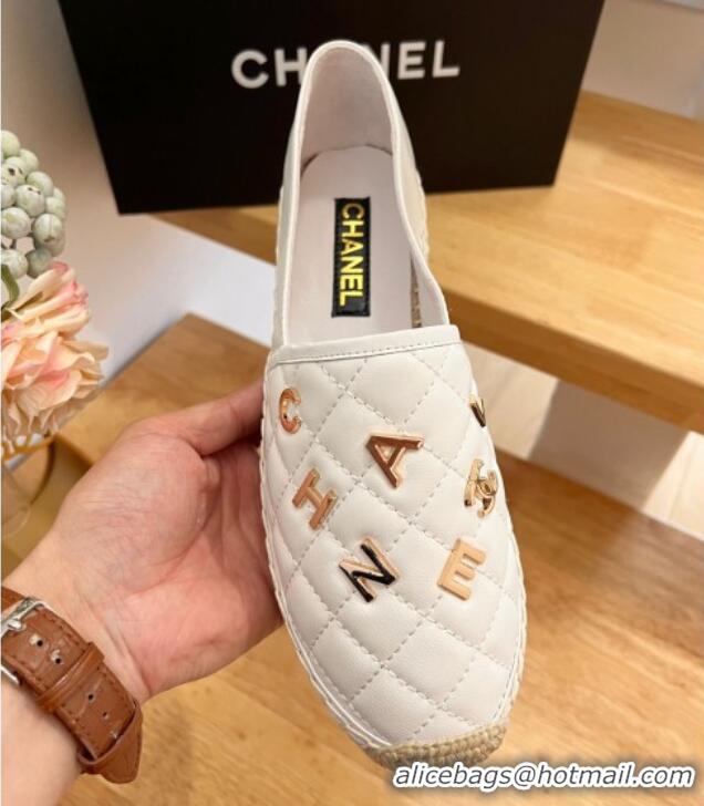 Good Quality Chanel Quilted Leather Espadrilles with Metal Letters White 022219