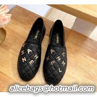 Perfect Chanel Quilted Leather Espadrilles with Metal Letters Black 022220