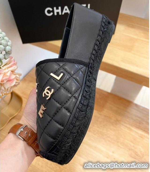 Perfect Chanel Quilted Leather Espadrilles with Metal Letters Black 022220