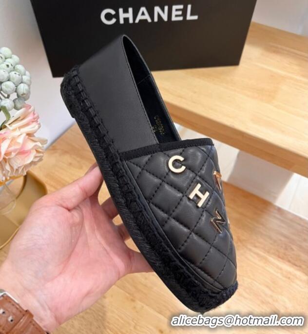 Perfect Chanel Quilted Leather Espadrilles with Metal Letters Black 022220