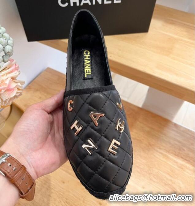 Perfect Chanel Quilted Leather Espadrilles with Metal Letters Black 022220