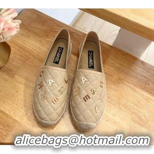 Sumptuous Chanel Quilted Leather Espadrilles with Metal Letters Beige 022221