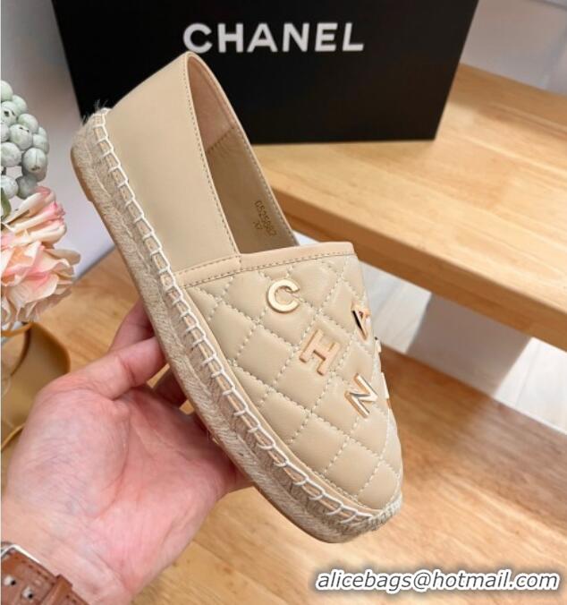 Sumptuous Chanel Quilted Leather Espadrilles with Metal Letters Beige 022221