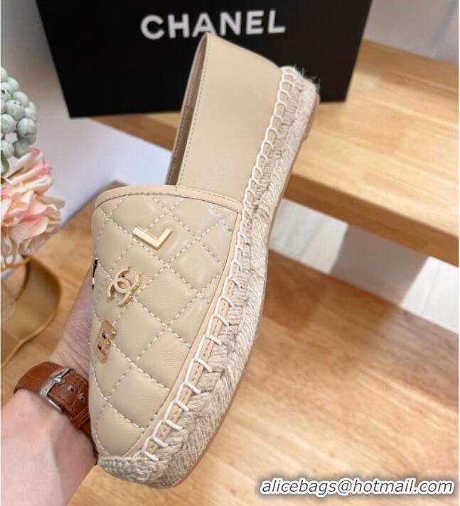 Sumptuous Chanel Quilted Leather Espadrilles with Metal Letters Beige 022221