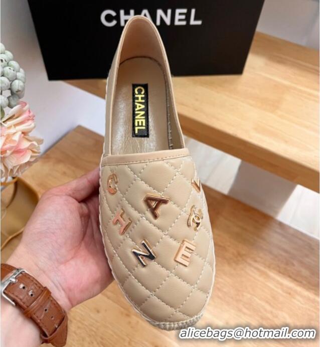 Sumptuous Chanel Quilted Leather Espadrilles with Metal Letters Beige 022221