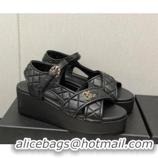 Best Grade Chanel Quilted Lambskin Wedge Platform Sandals G39918 Black