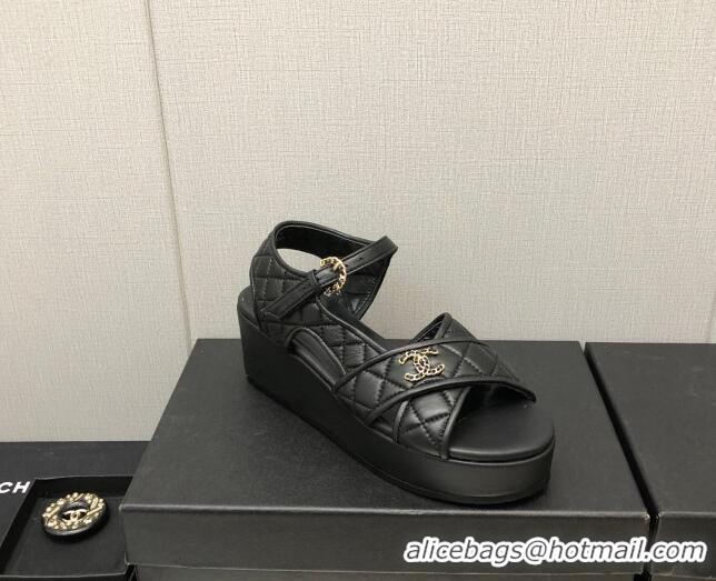 Best Grade Chanel Quilted Lambskin Wedge Platform Sandals G39918 Black