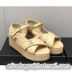 Comfortable Chanel Quilted Lambskin Wedge Platform Sandals G39918 Beige