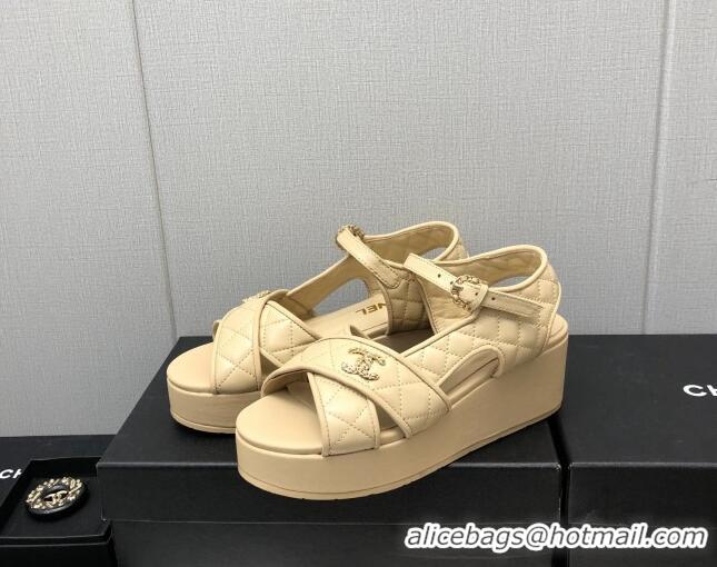 Comfortable Chanel Quilted Lambskin Wedge Platform Sandals G39918 Beige