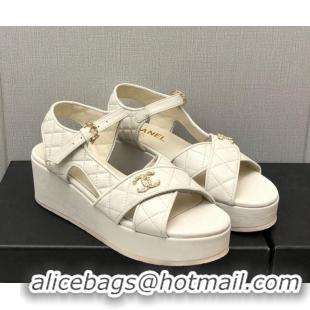 Good Looking Chanel Quilted Lambskin Wedge Platform Sandals G39918 White