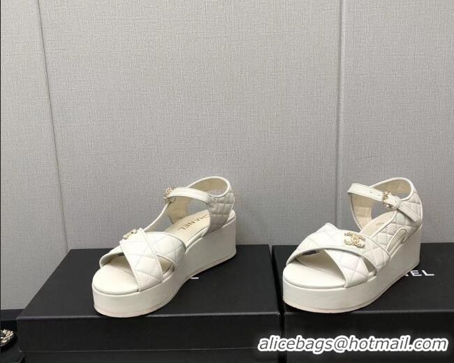 Good Looking Chanel Quilted Lambskin Wedge Platform Sandals G39918 White