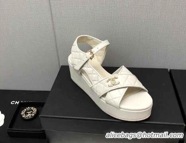 Good Looking Chanel Quilted Lambskin Wedge Platform Sandals G39918 White