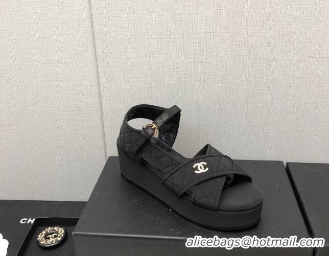 Luxury Chanel Quilted Grosgrain Wedge Platform Sandals G39918 Black