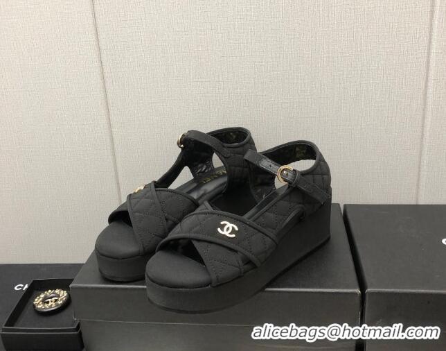 Luxury Chanel Quilted Grosgrain Wedge Platform Sandals G39918 Black