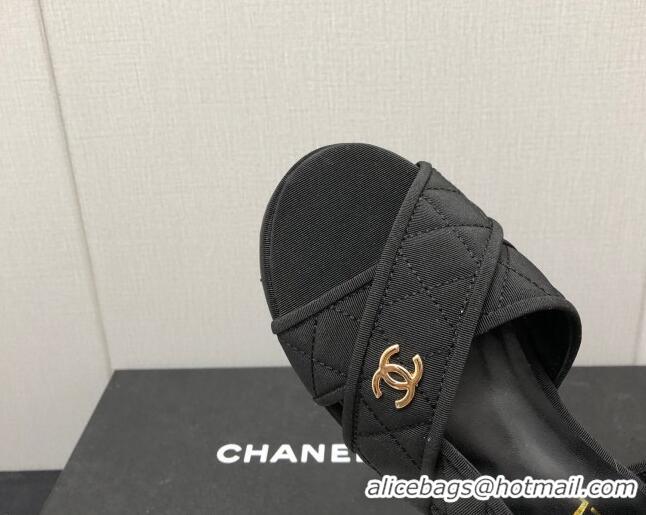 Luxury Chanel Quilted Grosgrain Wedge Platform Sandals G39918 Black