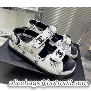 Top Grade Chanel Printed Lambskin Strap Flat Sandals G35927 White/Black 022226