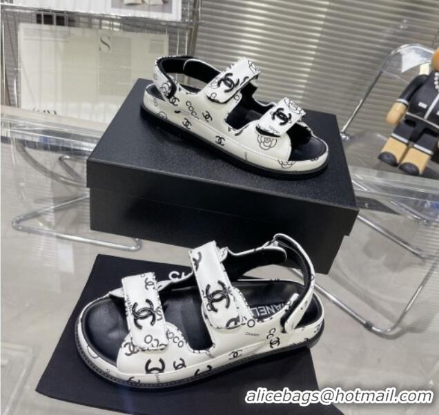 Top Grade Chanel Printed Lambskin Strap Flat Sandals G35927 White/Black 022226