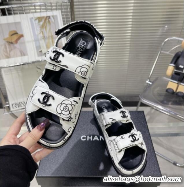 Top Grade Chanel Printed Lambskin Strap Flat Sandals G35927 White/Black 022226