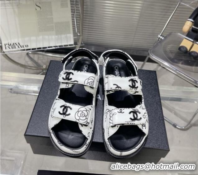 Top Grade Chanel Printed Lambskin Strap Flat Sandals G35927 White/Black 022226