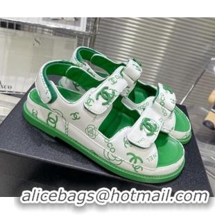 Best Product Chanel Printed Lambskin Strap Flat Sandals G35927 Green 022227