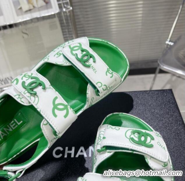 Best Product Chanel Printed Lambskin Strap Flat Sandals G35927 Green 022227