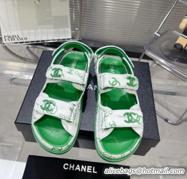 Best Product Chanel Printed Lambskin Strap Flat Sandals G35927 Green 022227