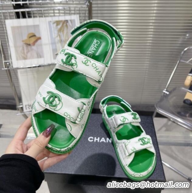 Best Product Chanel Printed Lambskin Strap Flat Sandals G35927 Green 022227