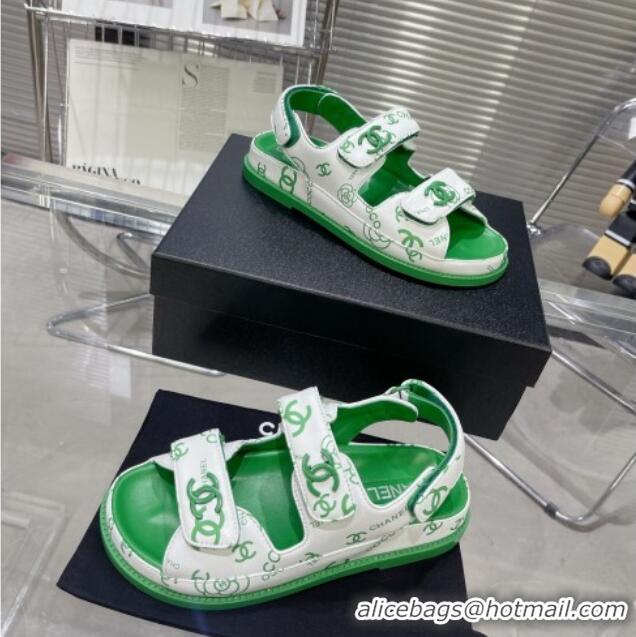 Best Product Chanel Printed Lambskin Strap Flat Sandals G35927 Green 022227